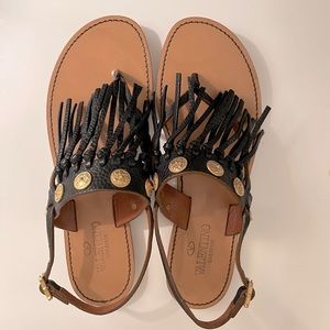 Valentino Garavani Black Leather Fringed Coin Detail Thong Sandals Size 37.5